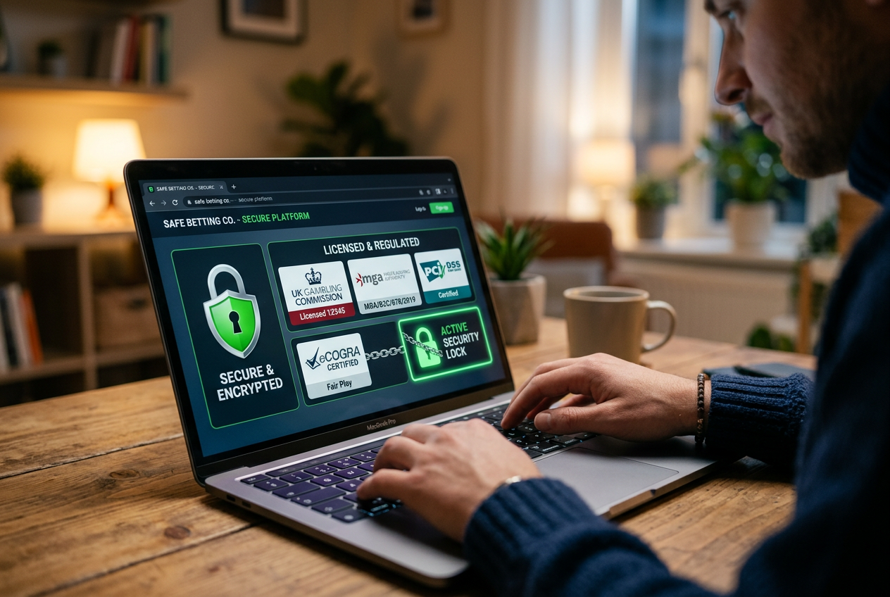 A professional photograph focusing on a laptop screen displaying digital security locks and gambling license badges.