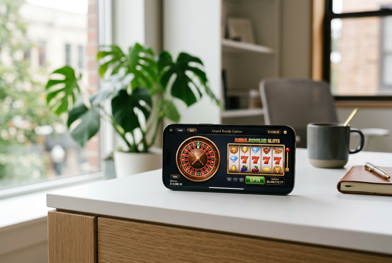 A smartphone showing a legal online casino app on a modern desk.
